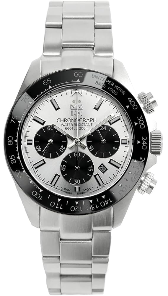 HYAKUICHI 101 Hyakuichi Diver's Chronograph Watch, Men's Watch, Water Resistant to 20 ATM, Date, Quartz, Ceramic Bezel, Silver Panda, SSV, Silver, Bracelet Type