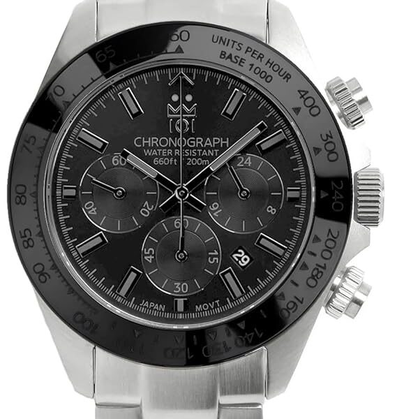 HYAKUICHI 101 Hyakuichi Diver's Chronograph Watch, Men's Watch, Water Resistant to 20 ATM, Date Quartz, Ceramic Bezel, Silver Bracelet with Full Black Face SBB, Silver, Bracelet...