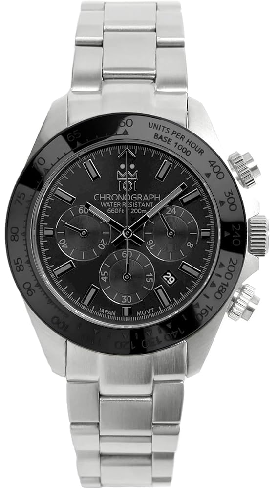 HYAKUICHI 101 Hyakuichi Diver's Chronograph Watch, Men's Watch, Water Resistant to 20 ATM, Date Quartz, Ceramic Bezel, Silver Bracelet with Full Black Face SBB, Silver, Bracelet...
