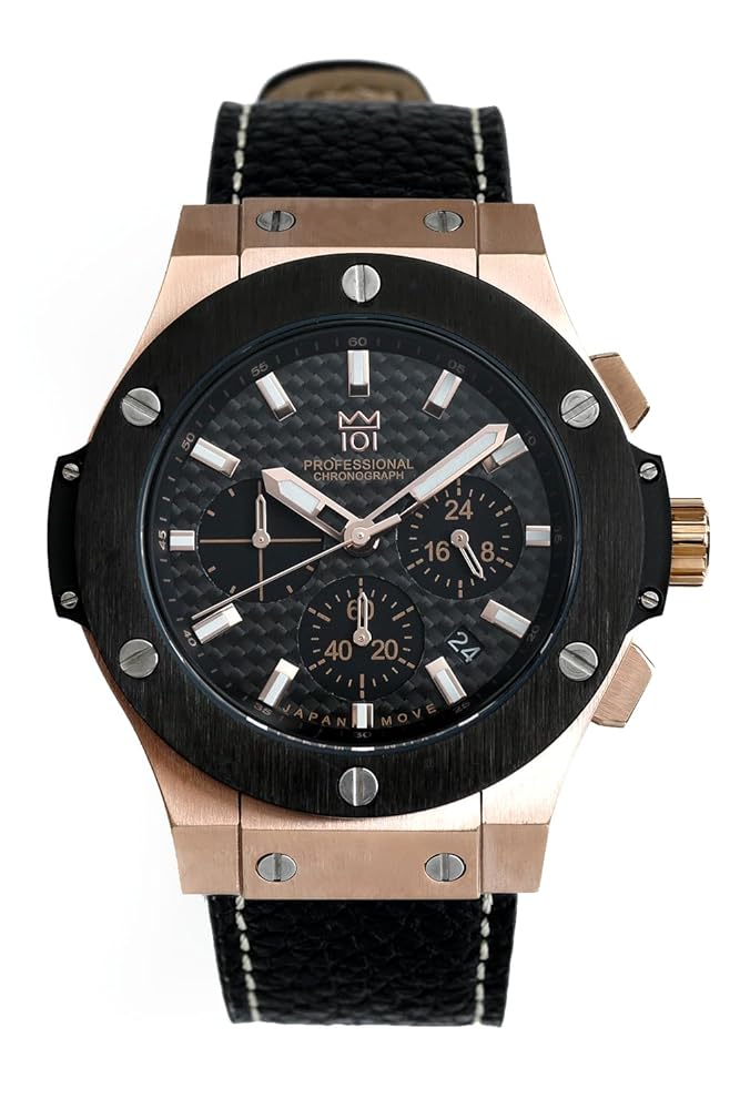HYAKUICHI 101 Hyakuichi Watch, Waterproof, 322.8 ft (100 m), Chronograph, Date Display, Pink Gold, Carbon, Black Leather Strap, Black, Classic