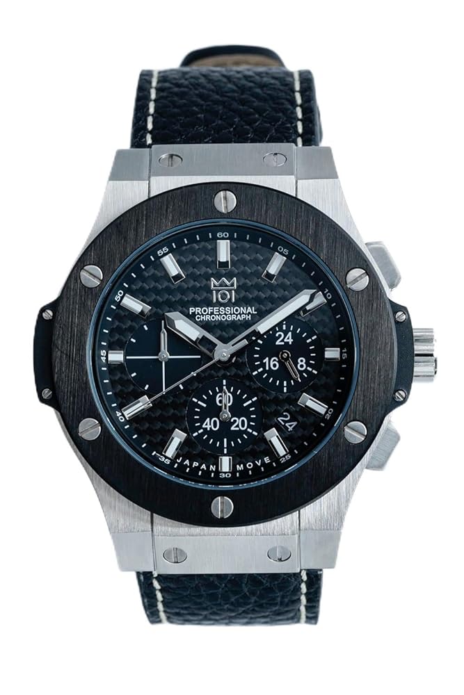 HYAKUICHI 101 Hyakuichi Watch, Waterproof, 322.8 ft (100 m), Chronograph, Date Display, Silver Black Carbon, Black Leather Strap, Black, Classic