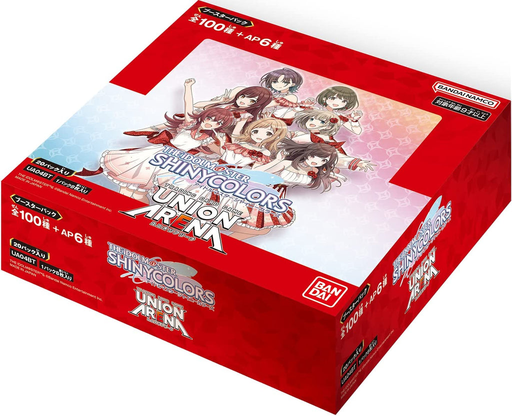 The product title translates to: "UNION ARENA 'The Idolmaster Shiny Colors' Booster Pack UA04BT (1 box: 20 packs)