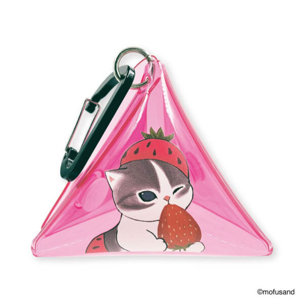 The product title "mofusand クリア三角ポーチ(いちごにゃん)" translates to "mofusand Clear Triangle Pouch (Strawberry Cat)" in English