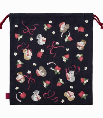 The product title "mofusand 大きめ便利巾着(いちご)" translates to "mofusand Large Convenient Drawstring Bag (Strawberry)" in English
