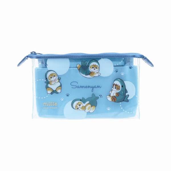 The product title translates to "Mofusand Clear Pouch with Gusset Mitte (Shark Cat)