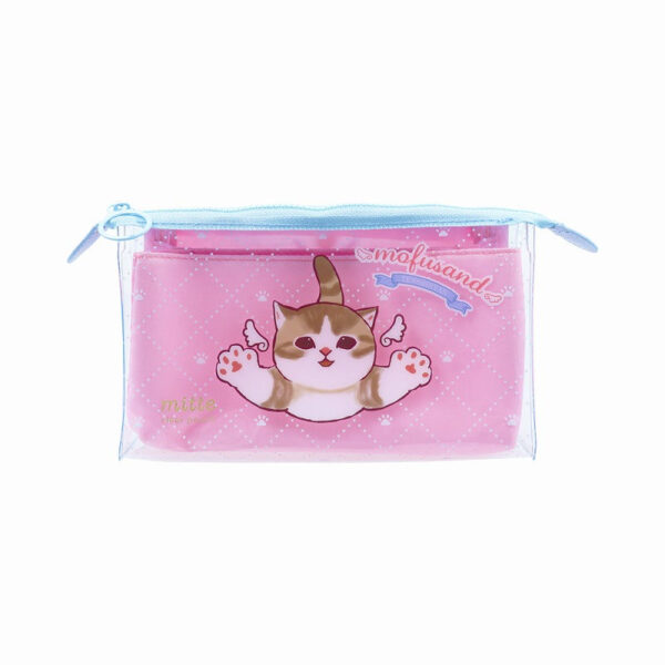 The product title translates to "mofusand Clear Pouch with Gusset mitte (Angel Cat)