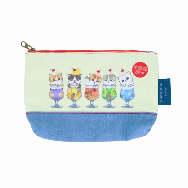 The product title translates to "Mofusand Denim Pouch Flat (Cream Soda Cat)
