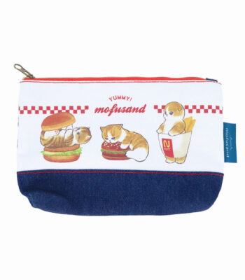 The product title translates to "Mofusand Denim Pouch Flat (Hamburger Cat)" in English