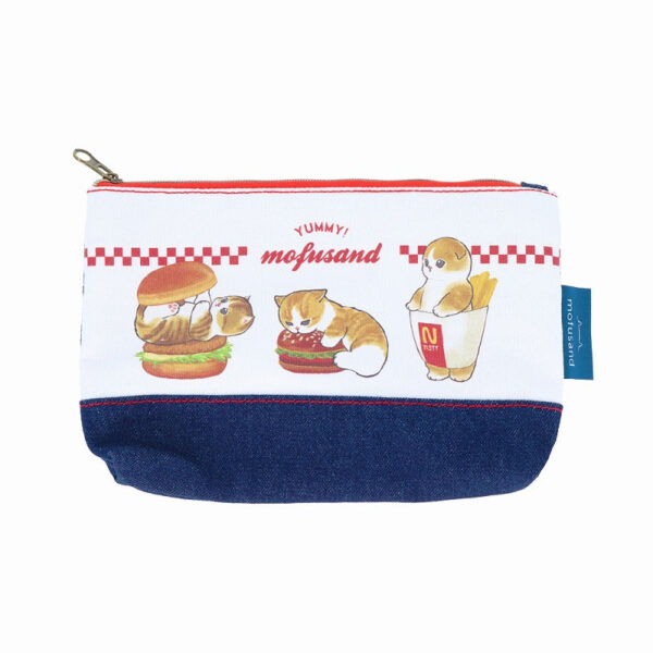 The product title translates to "Mofusand Denim Pouch Flat (Hamburger Cat)" in English