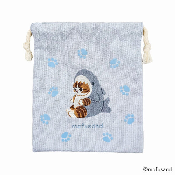 The product title translates to "Mofusand Drawstring Pouch Flock (Shark Cat)