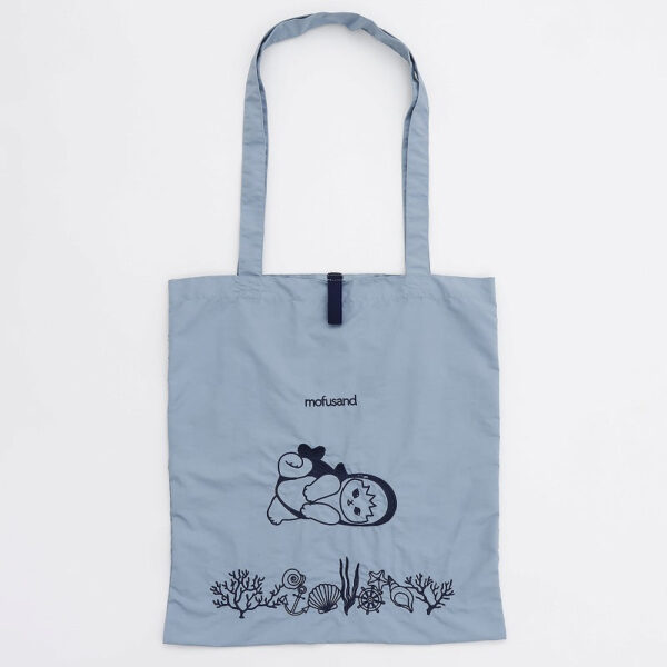 The product title translates to "Mofusand Embroidered Tote Bag Shark Cat Blue" in English