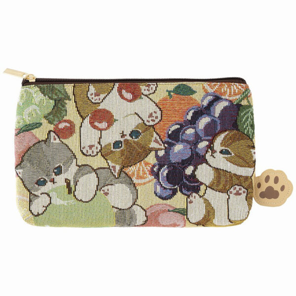 The product title translates to "Mofusand Gobelin Weave Pouch (Fruits)" in English
