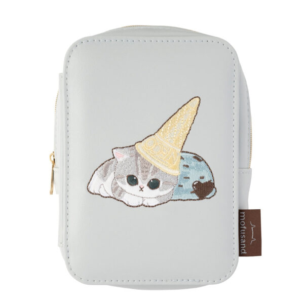 The product title translates to "Mofusand Mirror-Equipped Acrylic Stand Pouch (Blue)" in English