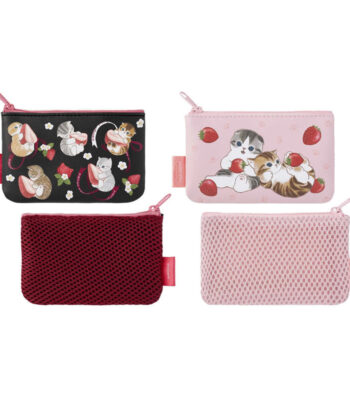 The product title translates to "Mofusand One-Sided Mesh Pouch Set of 2 (Strawberry)