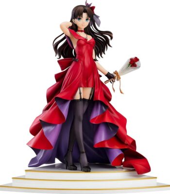 The product title translates to: "Fate/stay night ~15th Celebration Project~ Rin Tosaka ~15th Celebration Dress Version~ 1/7 Scale ABS & PVC Pre-painted Complete Figure
