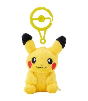 The product title translates to "Keychain Mascot Pikachu with Carabiner | Official Pokémon Center Online